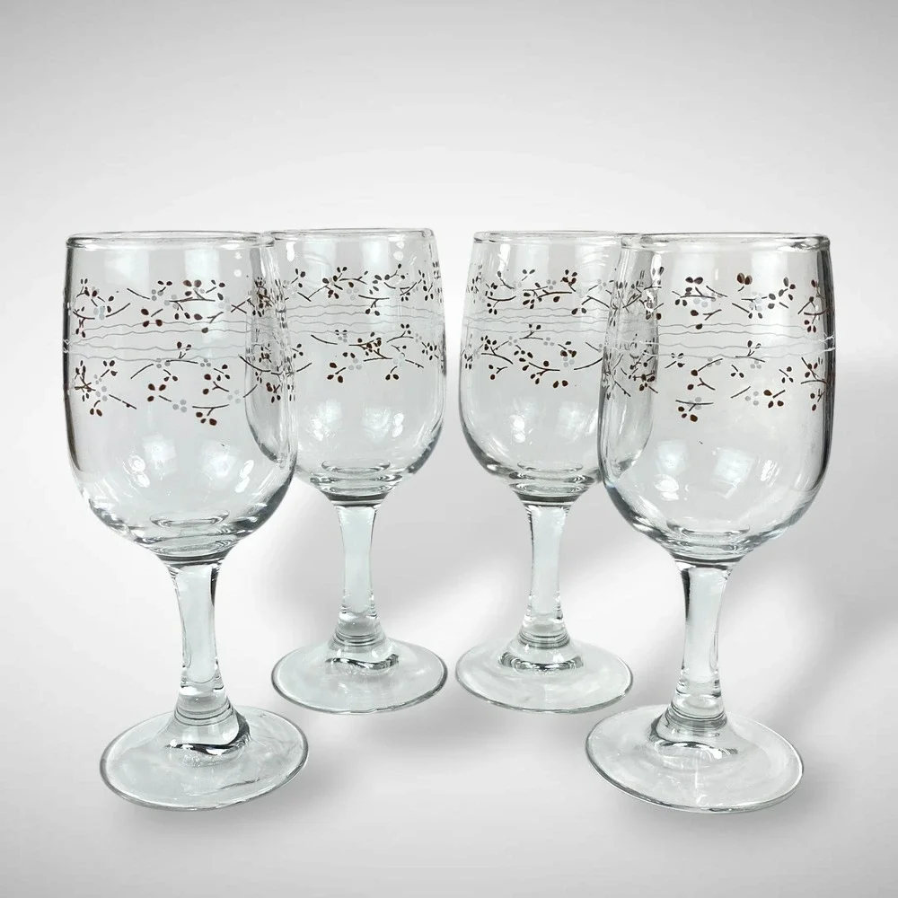 Anchor Hocking Country Accents Hawthorne Wine Glasses Set 4 Floral Goblets 1980s
